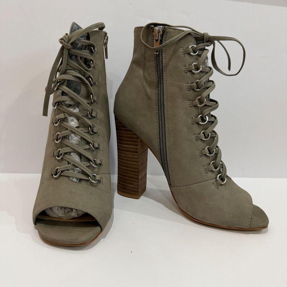 Steve Madden Freemee Taupe Suede Lace Up Open Toe Block Heels